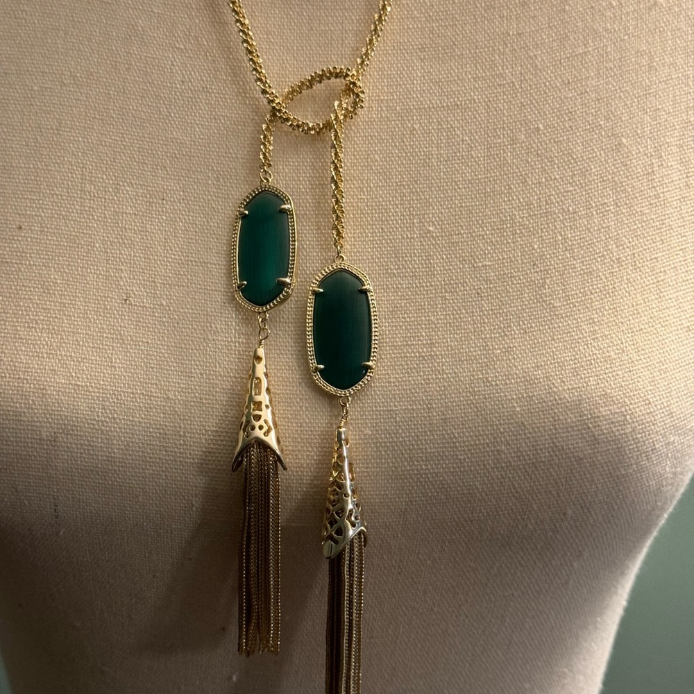 Kendra Scott Lariat Necklace with Deep Green Stone